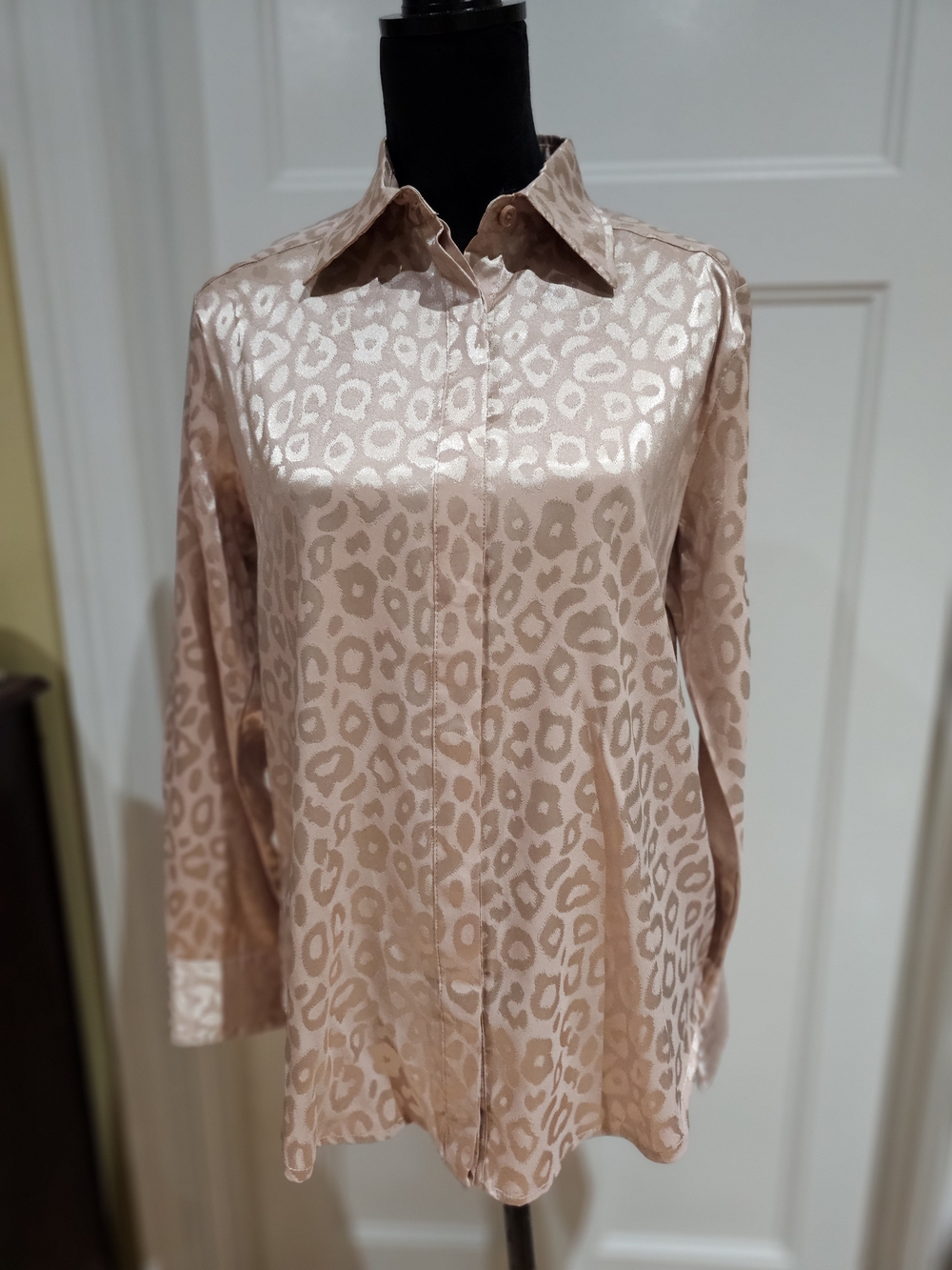 Mazik Satin Animal-Print Button-Down Shirt - Blush Metallic, NWT
